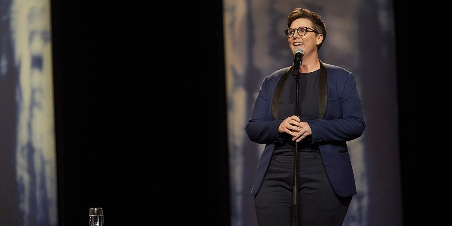 Hannah Gadsby performing on stage in a scene from Nanette