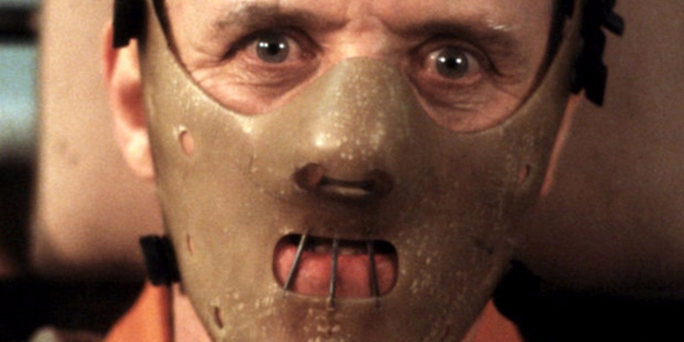 A close up of Hannibal Lector wearing his mask in The Silence Of The Lambs