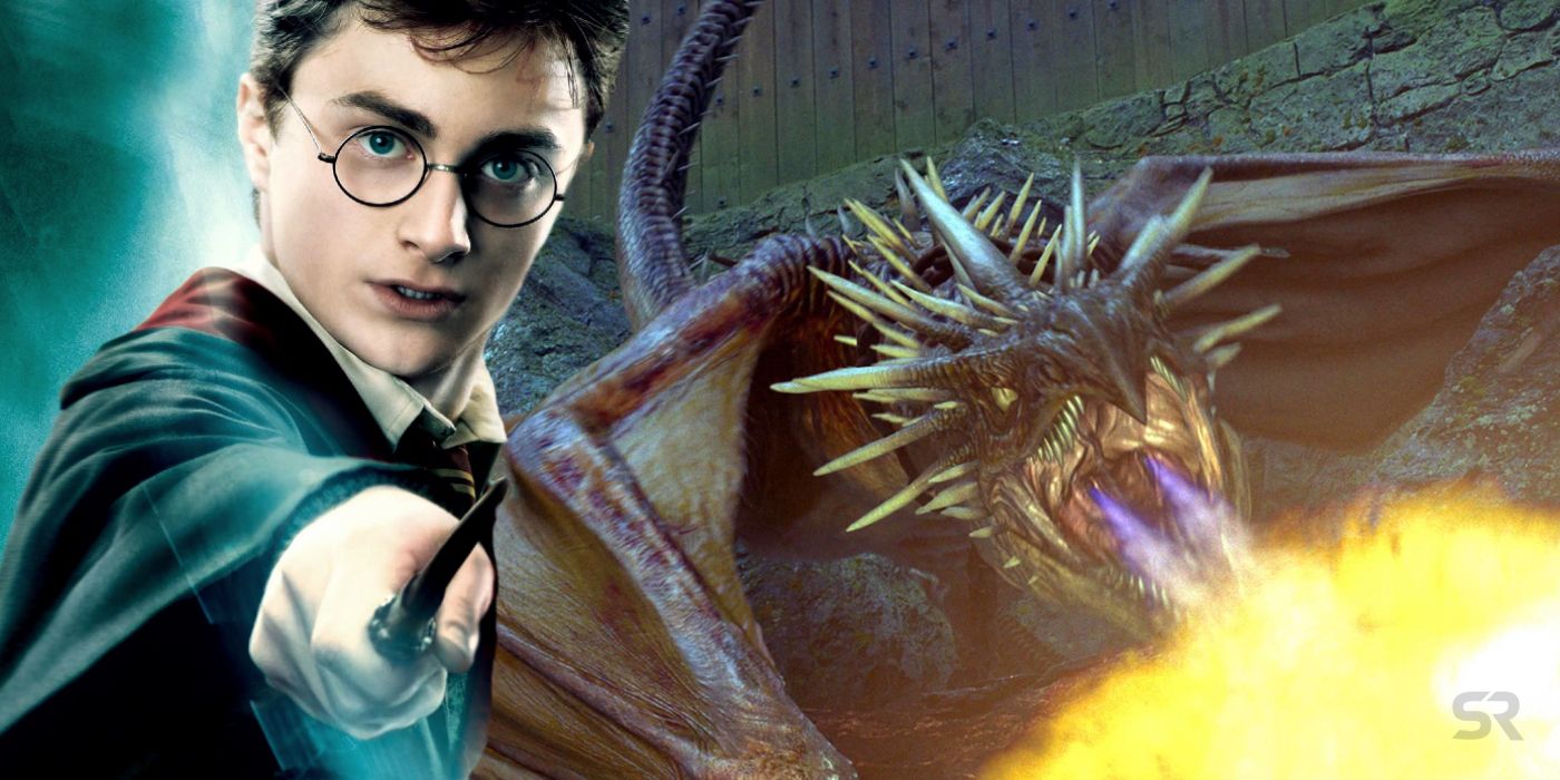 A blended image features Harry Potter using his wand and a dragon breathing fire