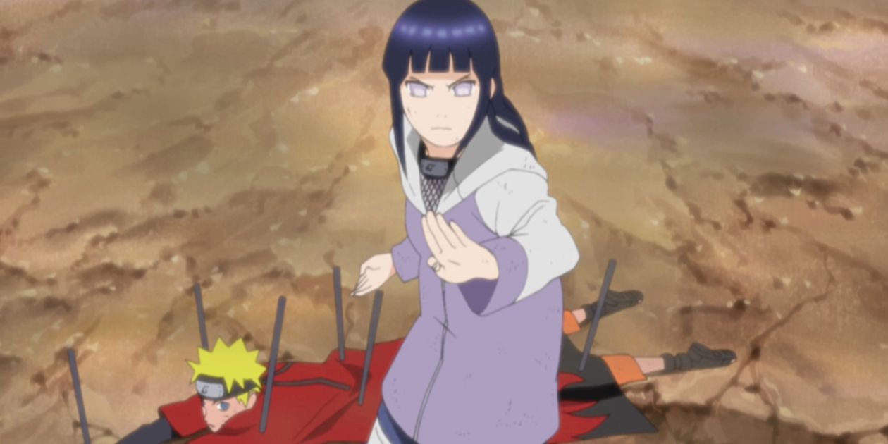 Hinata stands in front of Naruto to defend him from Pain in Naruto Shippuden