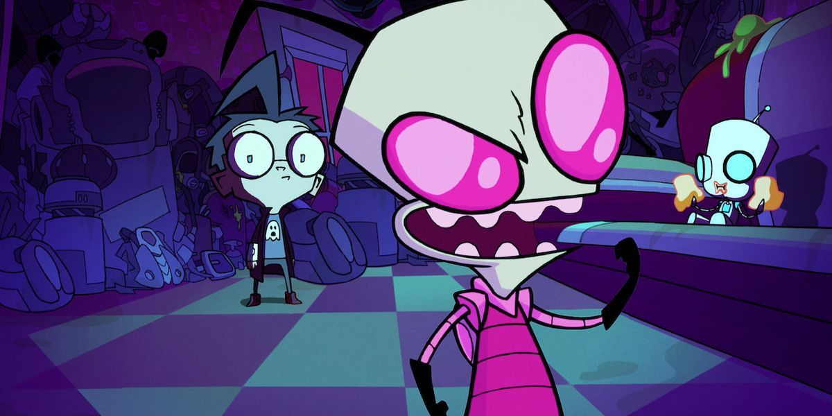 Invader Zim laughing while Dib and GIR watch in Invader Zim: Enter The Florpus.