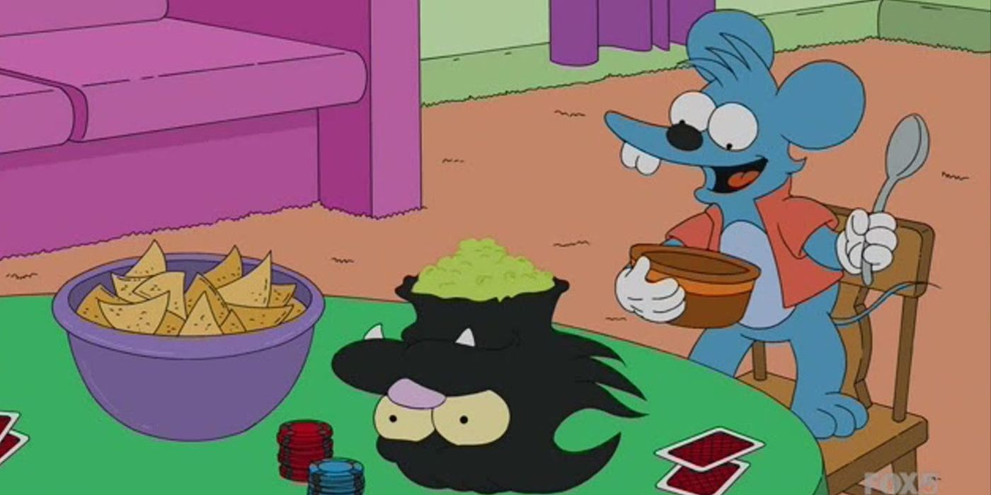 Itchy holds a spoon as Scratchy's severed head serves as a bowl for dip in The Simpsons.
