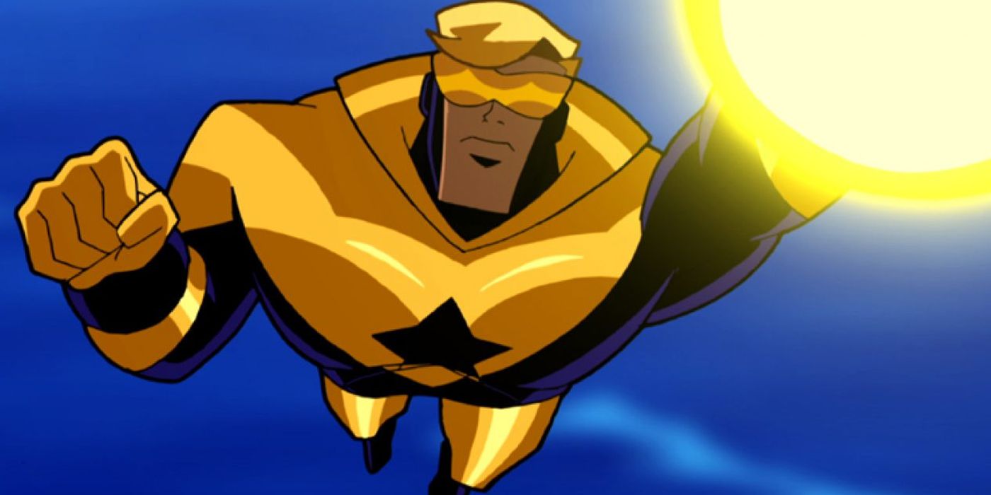 An image of Booster Gold flying in the comics