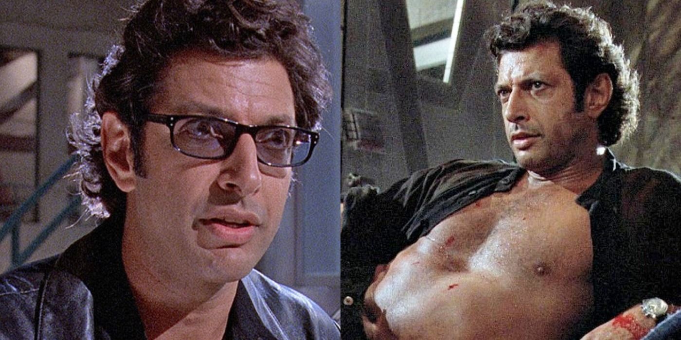Split image of Jeff Goldblum as Dr Ian Malcolm in Jurassic Park