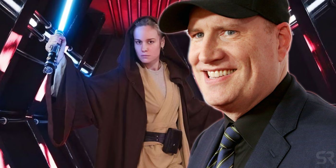 Kevin Feige and Brie Larson as a Jedi