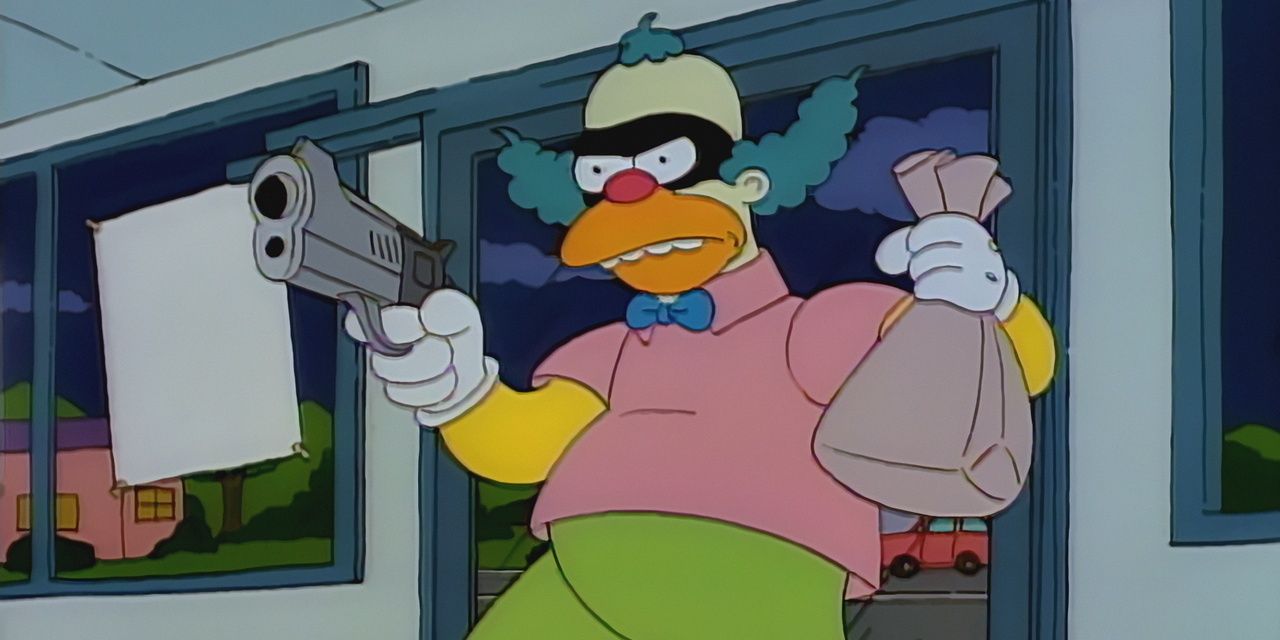 Sideshow Bob is disguised as Krusty as he holds up the Kwik-E-Mart with a gun