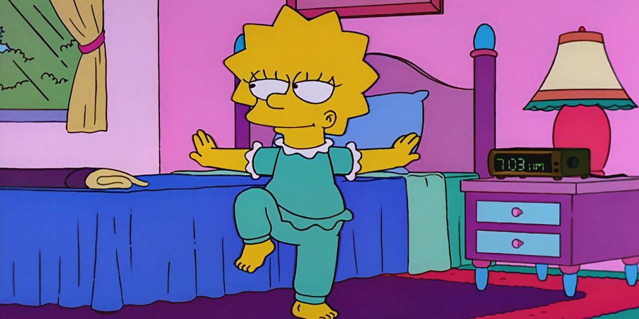 Lisa doing a yoga pose and looking annoyed in her room in The Simpsons.