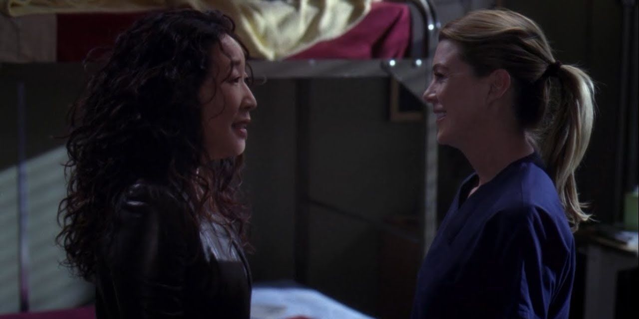 An image of Meredith and Cristina in an on-call room in Grey's Anatomy