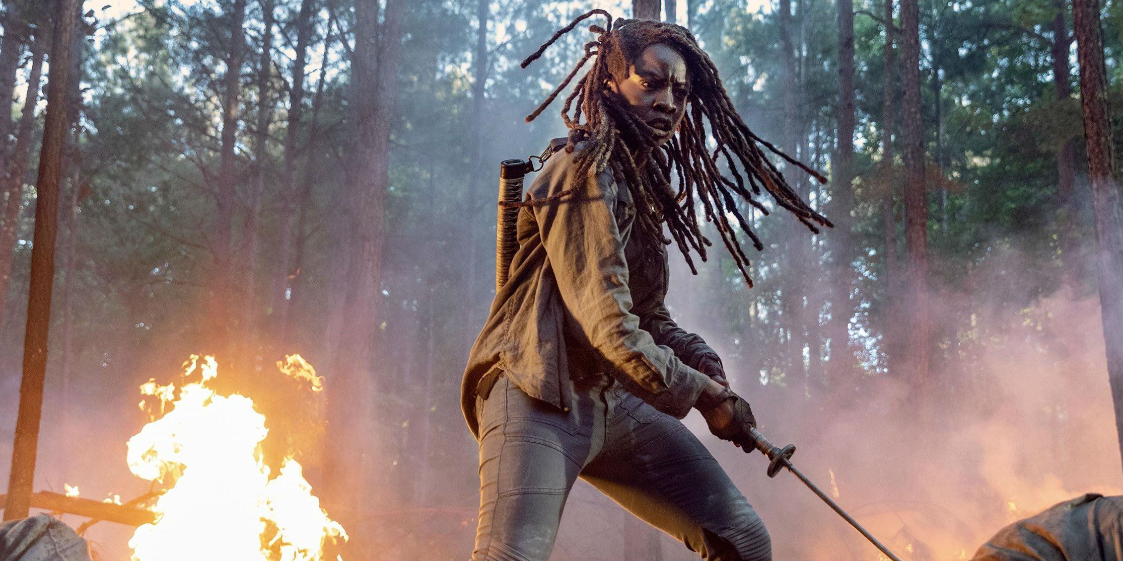 Michonne in front of fire The Walking Dead season 10