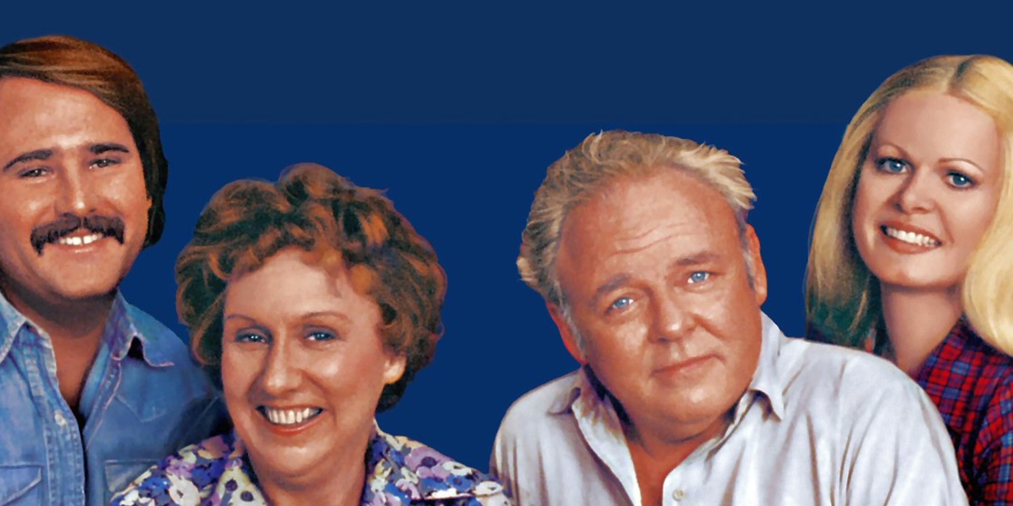 Mike, Edith, Archie, and Gloria posed together against a blue background for All In The Family