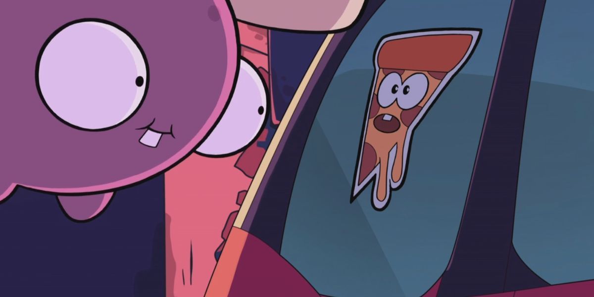 Characters looking at a slice of pizza