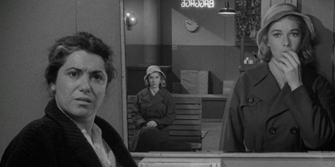 Still from the Twilight Zone episode Mirror Image of a woman looking at her double behind her in the mirror
