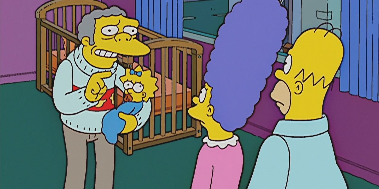 Moe holding Maggie on an episode of The Simpsons.