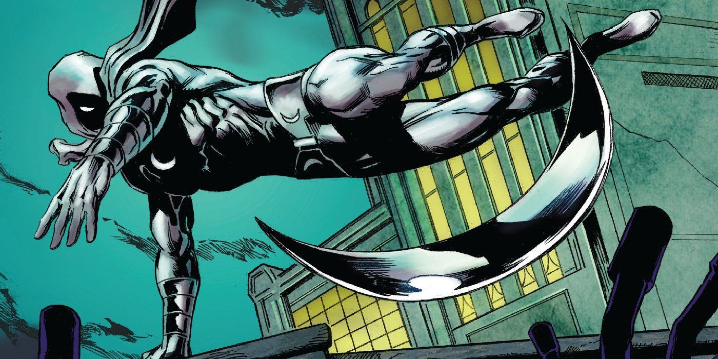 Moon Knight throws a crescent dart in Marvel Comics.