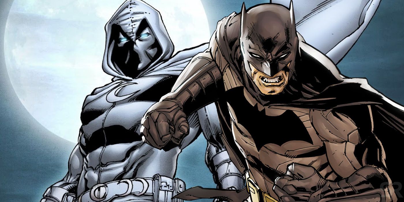 Image of Moon Knight and Batman against a full moon.