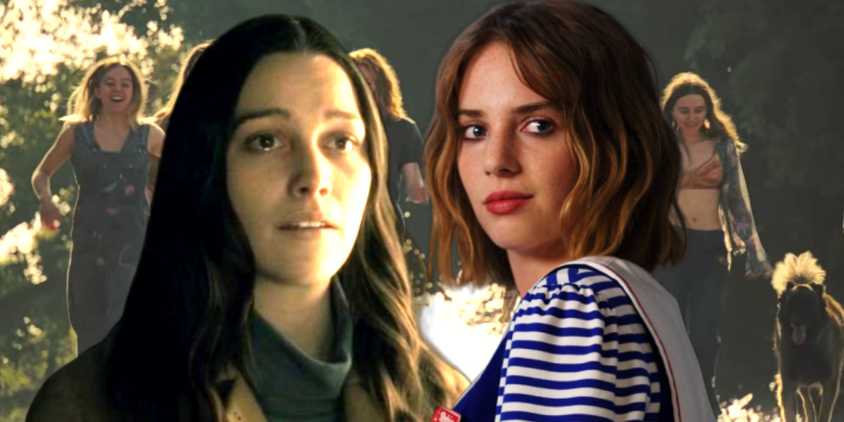 Close up of Victoria Pedretti and Maya Hawks with the Manson Family from Once Upon a Time in Hollywood in the background