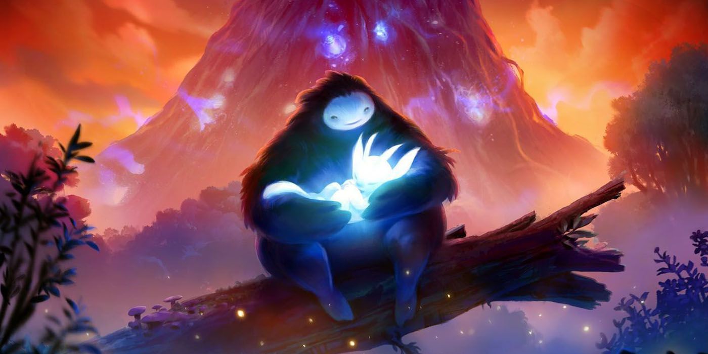A large creature holds a small white spirit from Ori and the Blind Forest 
