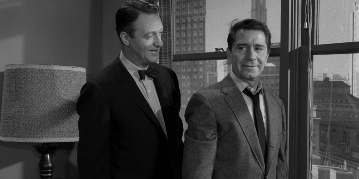 Still from the Twilight Zone episode Perchance to Dream of two men by a window
