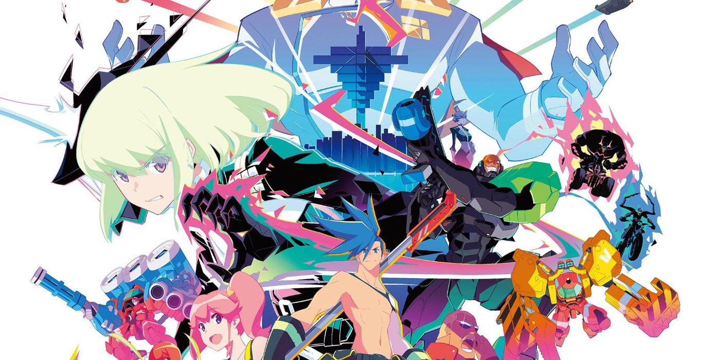 Promare Promotional Poster featuring Galo and Lio, as well as the mechs featured in the film.