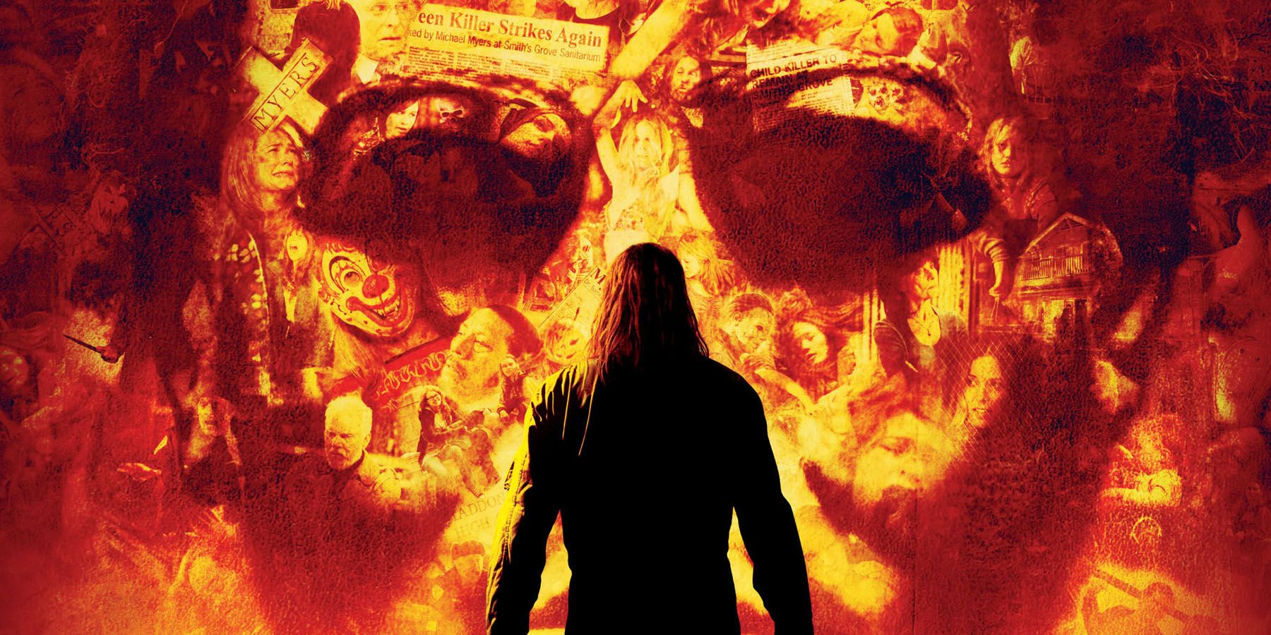 Michael Myers em frente a uma máscara gigante no Halloween de Rob Zombie