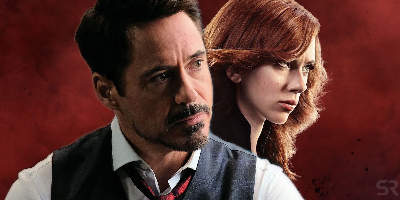 Robert Downey Jr as Tony Stark and Scarlett Johansson as Black Widow