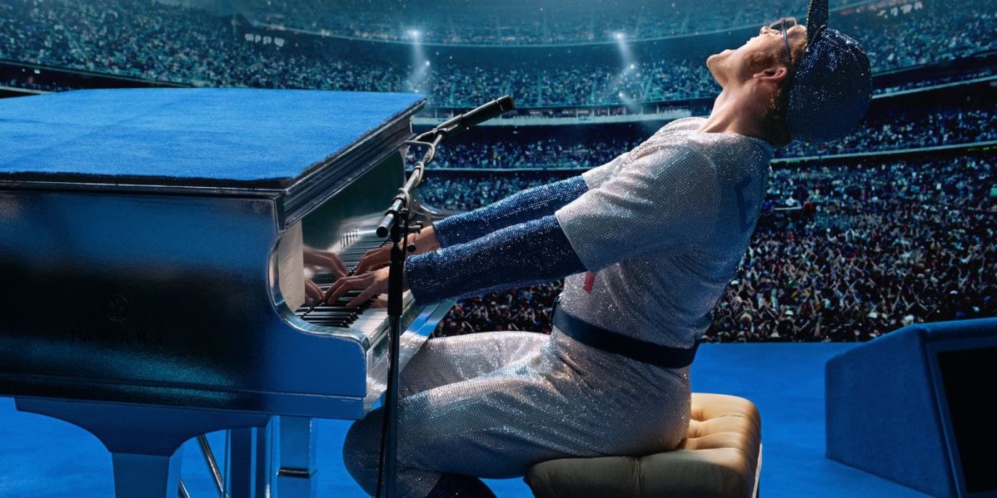 Elton John playing piano in Rocketman