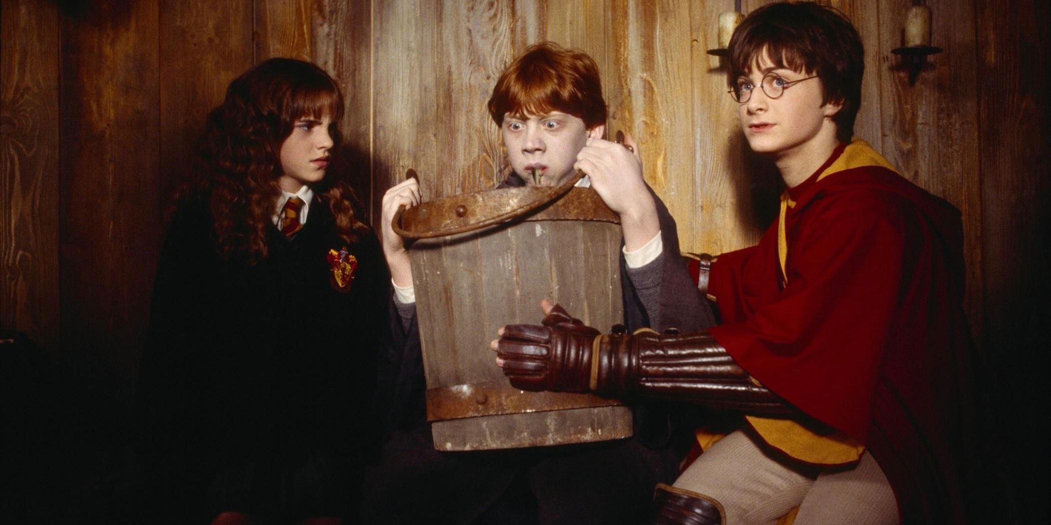 Ron Weasley throwing up slugs with Harry and Hermione taking care of him in Harry Potter.