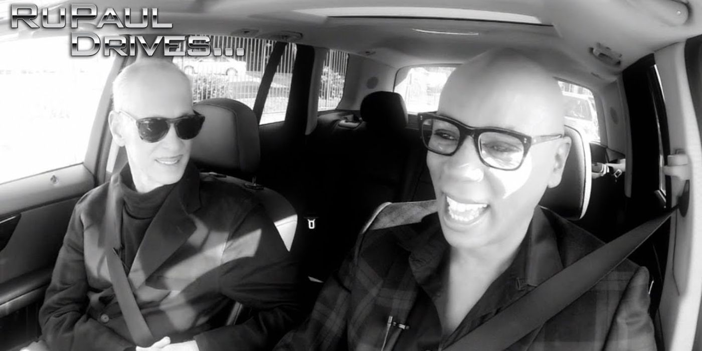 RuPaul Charles and John Waters in a car in RuPaul Drives.