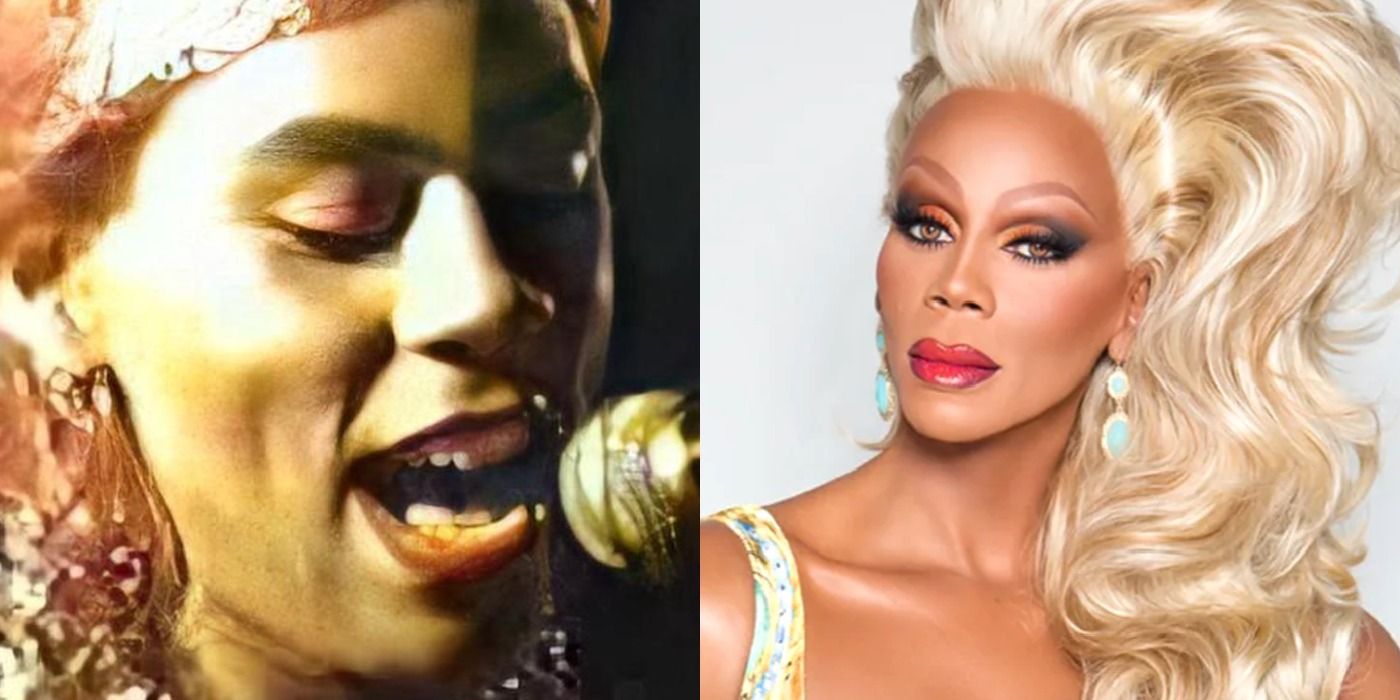 A split image showing RuPaul Charles singing and posing.