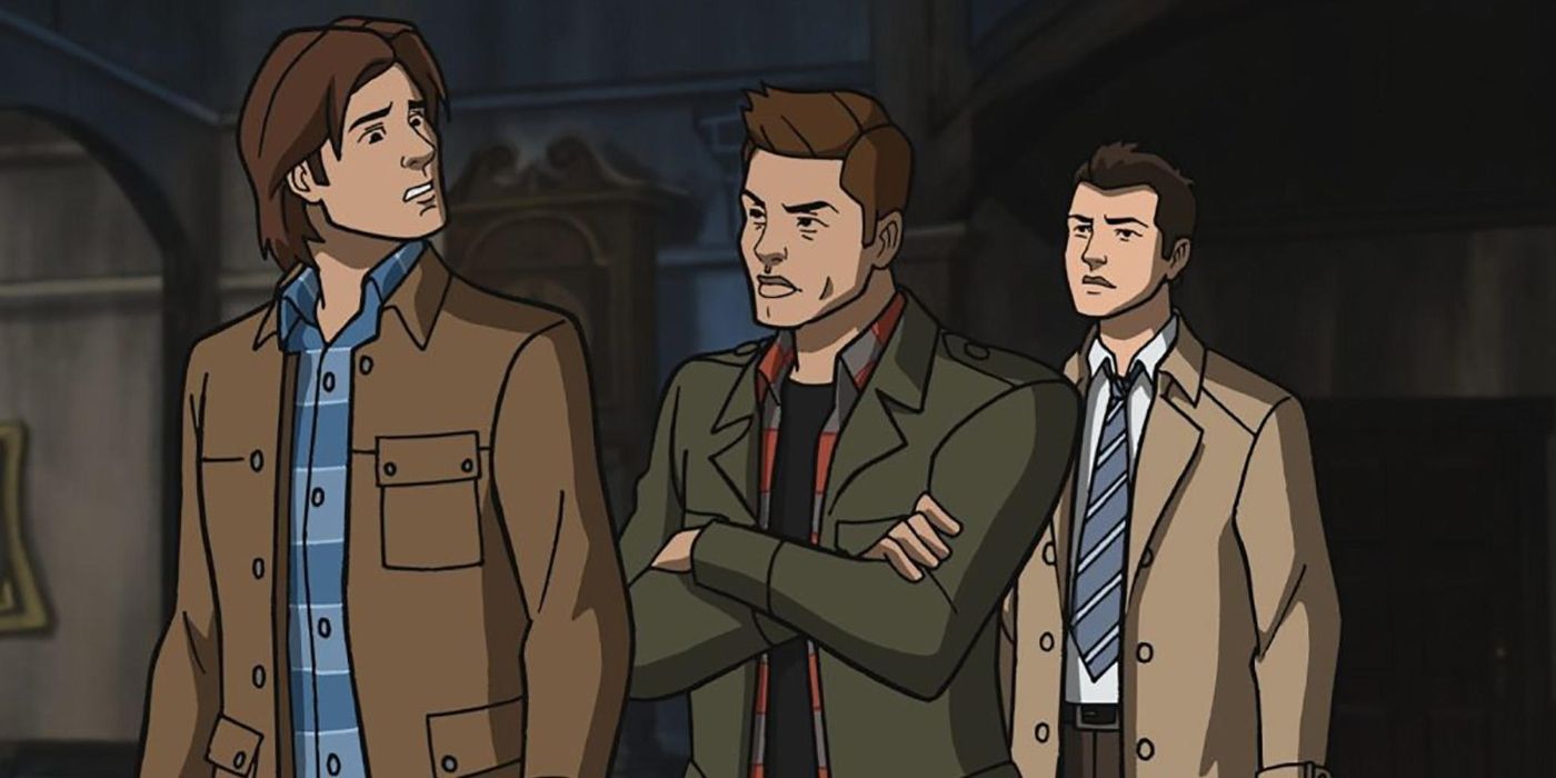 Animated Sam, Dean, and Castiel in the Supernatural episode Scoobynatural