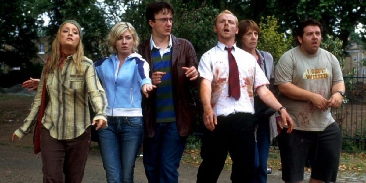 The main cast of Shaun Of The Dead acting like zombies