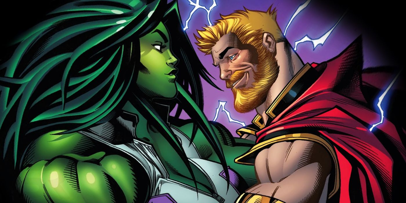She-Hulk and Thor embrace in Marvel comics.