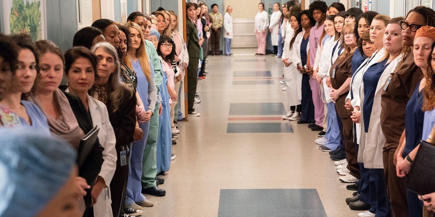 Rows of women standing in the halls at the hospital in Grey's Anatmy