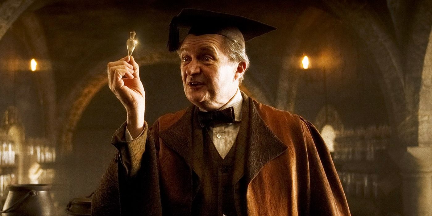 Horace Slughorn is holding a bottle of Felix Felicis in HP and the Half Blood Prince