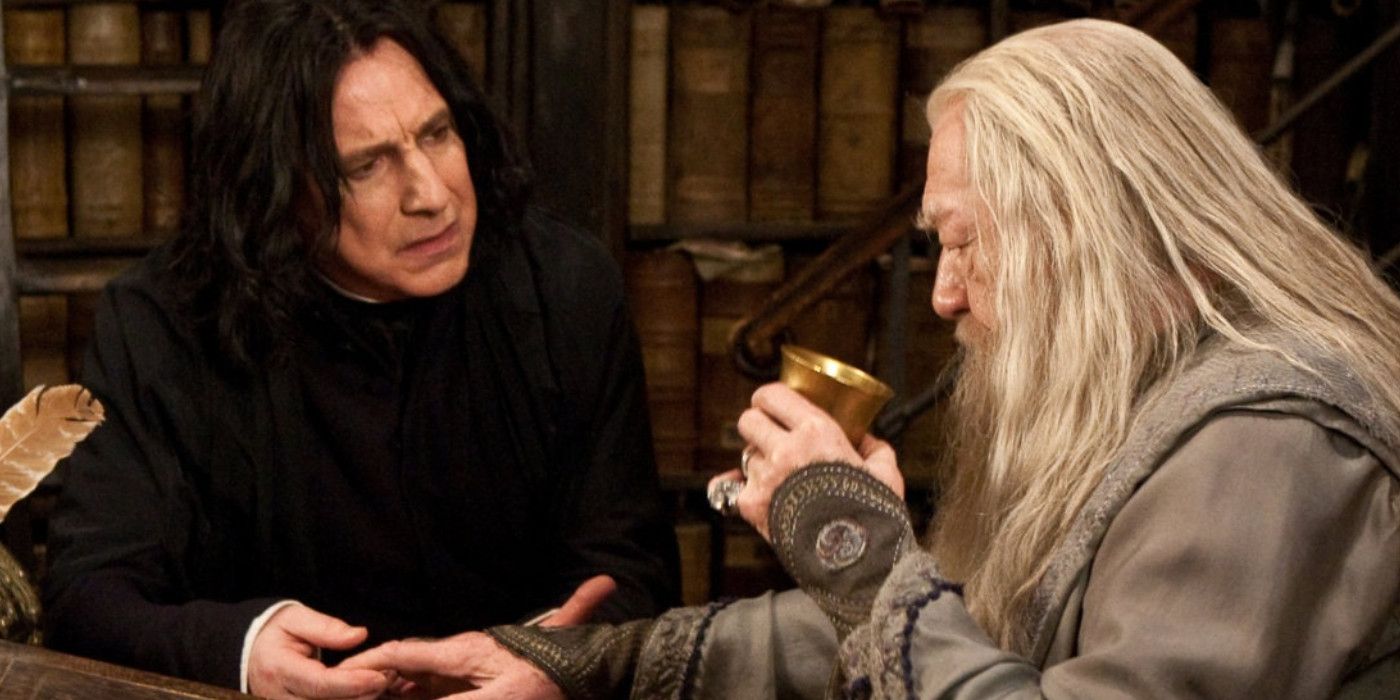 Snape treating Dumbledore's hand in Harry Potter