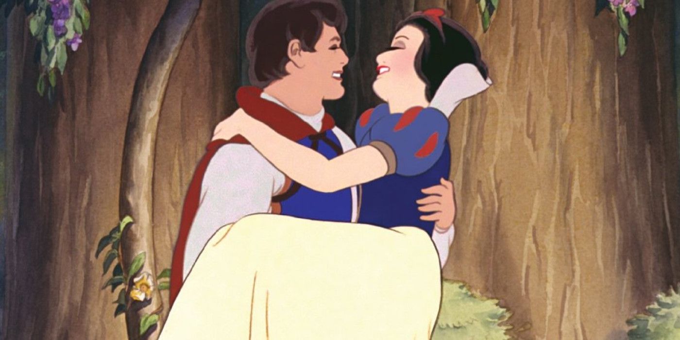 The Prince carries Snow White while the two smile in Snow White and the Seven Dwarfs