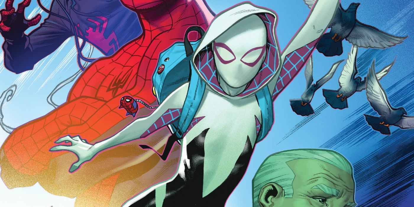 Spider-Gwen swinging against a background of other Spider-Man characters