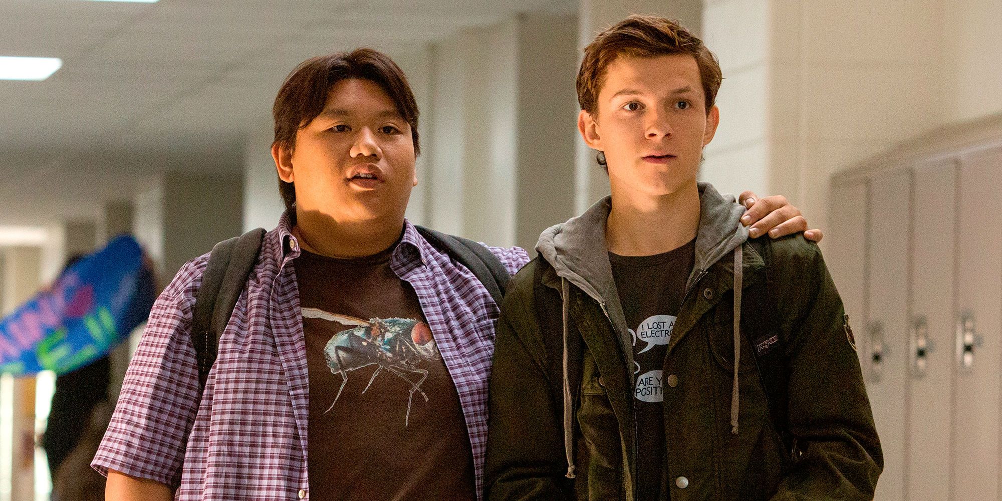 Ned and Peter at school looking surprised in Spider-Man Homecoming