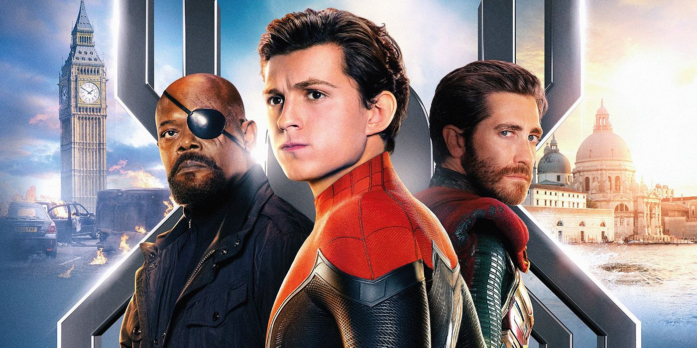 Nick Fury, Peter Parker and Mysterio from Spider-Man: Far From Home