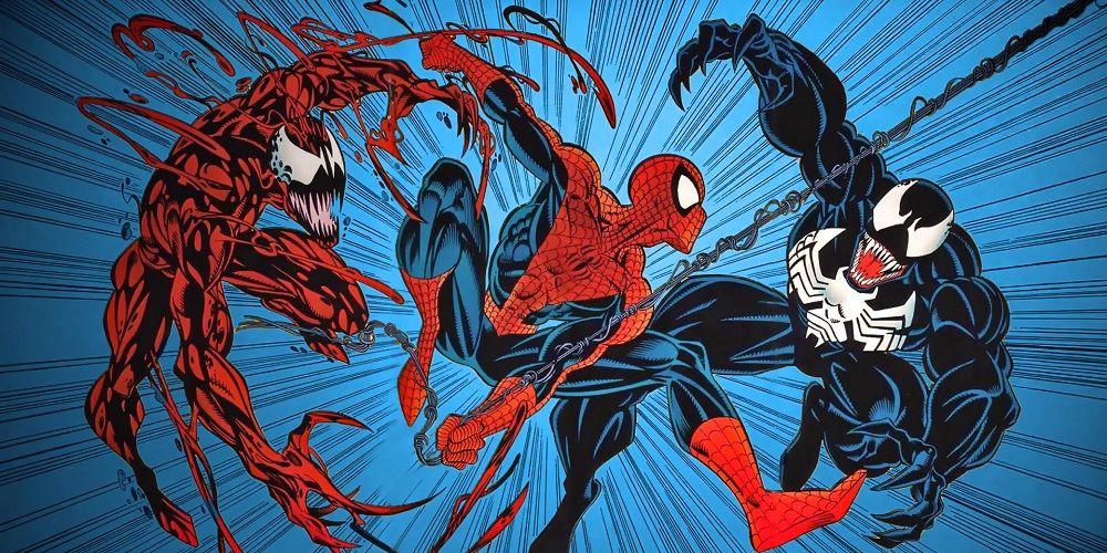 Carnage and Venom attacking Spider-Man from Marvel Comics