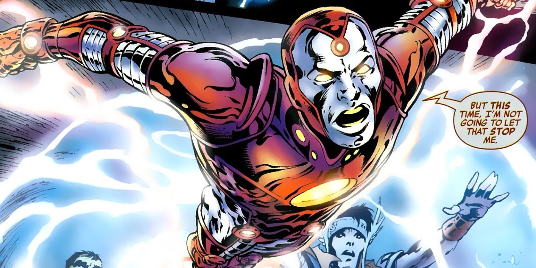 Iron Lad flies into battle in Marvel Comics.