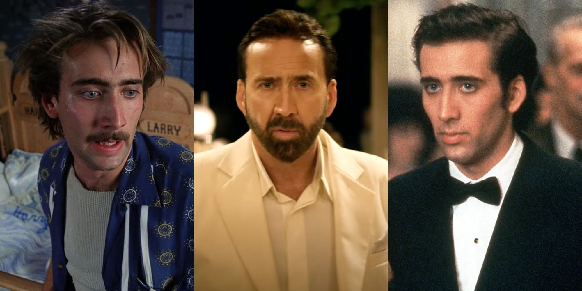 Split image of Nicolas Cage in Raising Arizona, The Unbearable Weight of massive Talent, and Moonstruck