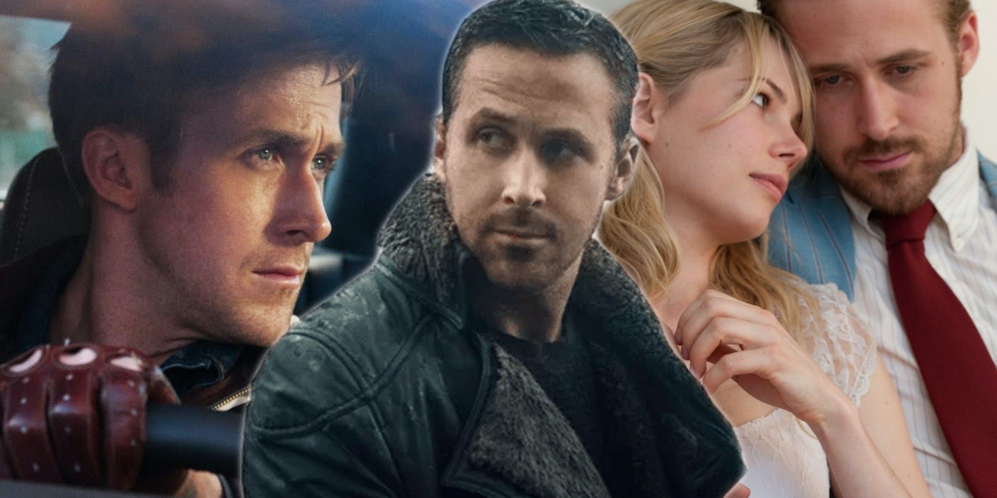 Split image of Ryan Gosling in Drive, Blade Runner 2049 and Blue Valentine