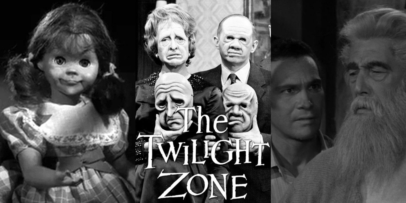 Split image of main characters from the Living Doll, Masks, and Howling ma episodes of The Twilight Zone with the show's logo on top