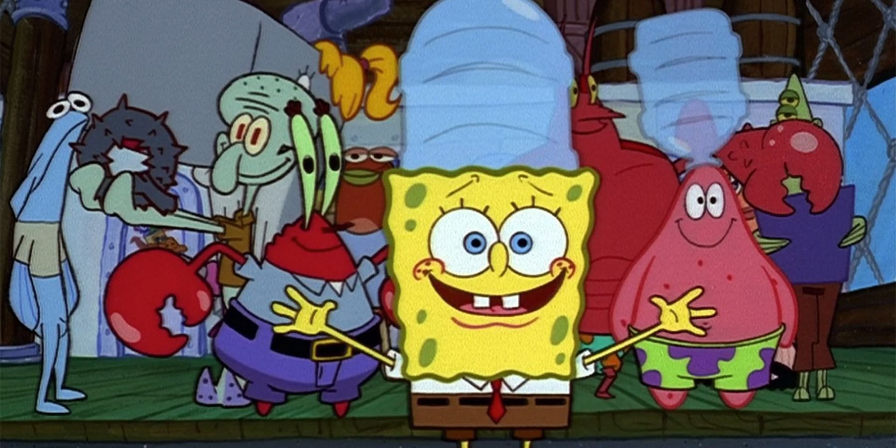SpongeBob SquarePants with a water jug on his head at the Krusty Krab with his friends in SpongeBob Squarepants