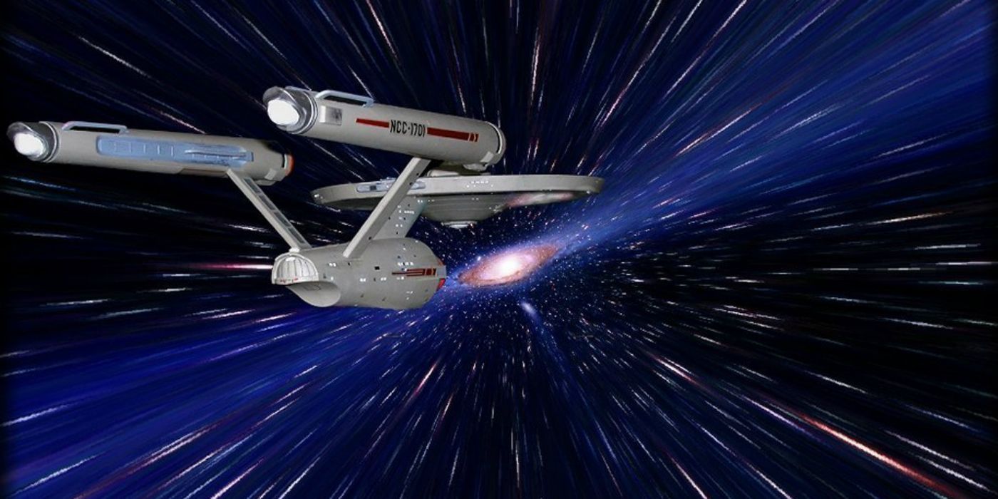 A ship entering Warp Speed in Star Trek