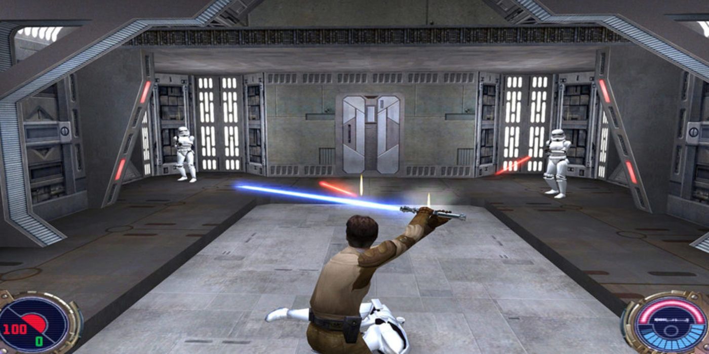 Kyle Katarn deflecting blasts from Stormtroopers with a lightsaber in Jedi Knight II: Jedi Outcast.