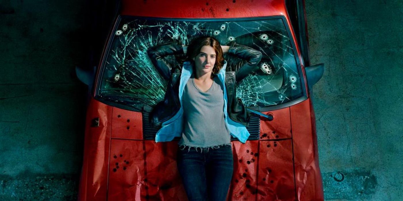 Stumptown Cobie Smulders laying on a broken car's roof, Promo Poster