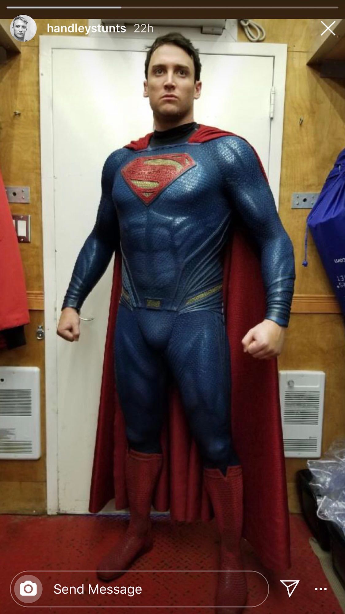 Ryan Handley in costume as Superman on set of Shazam!