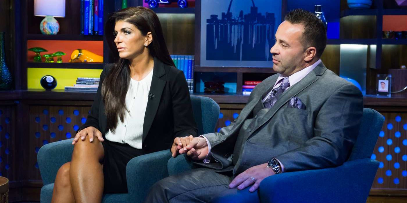 Teresa and Joe Giudice sitting on WWHL talking to Andy Cohen